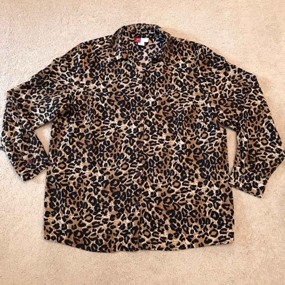 JM Collection Leopard Cheetah Print Button Down Blouse Size 18W Brown Black
